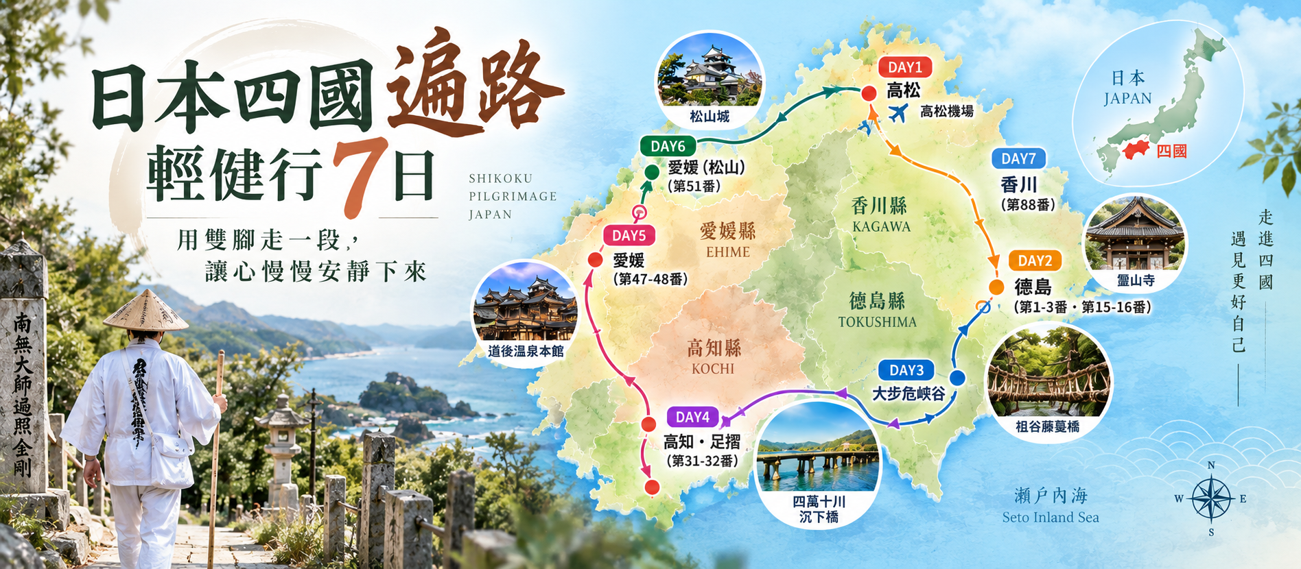 日本四國遍路輕健行七日旅遊路線圖