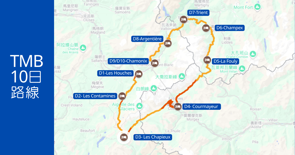 TMB 10日健行路線地圖